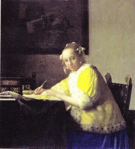 Huile sur toile de Vermeer van Delft, dame écrivant une lettre