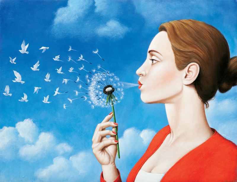Olbinski_Girl with bird from dandelion flower